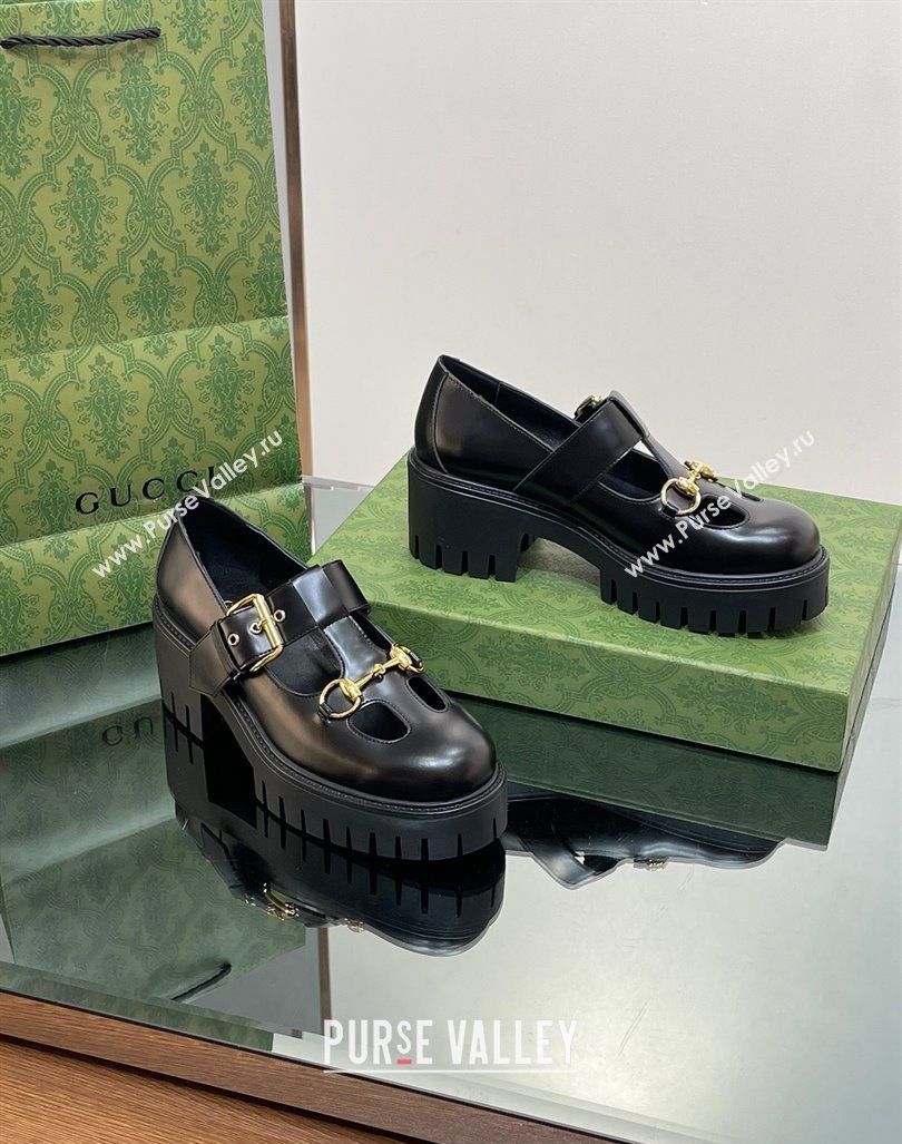 Gucci Horsebit Shiny Leather Platform Loafers with Buckle Black 2024 (SS-240814117)