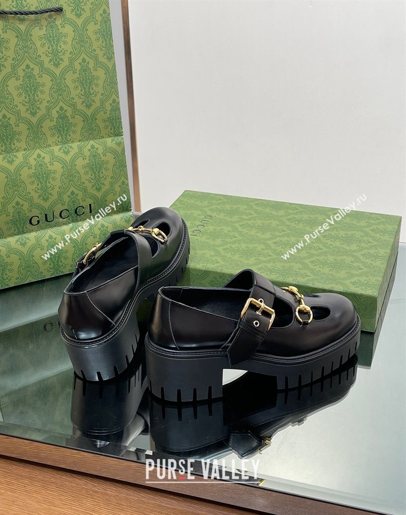 Gucci Horsebit Shiny Leather Platform Loafers with Buckle Black 2024 (SS-240814117)