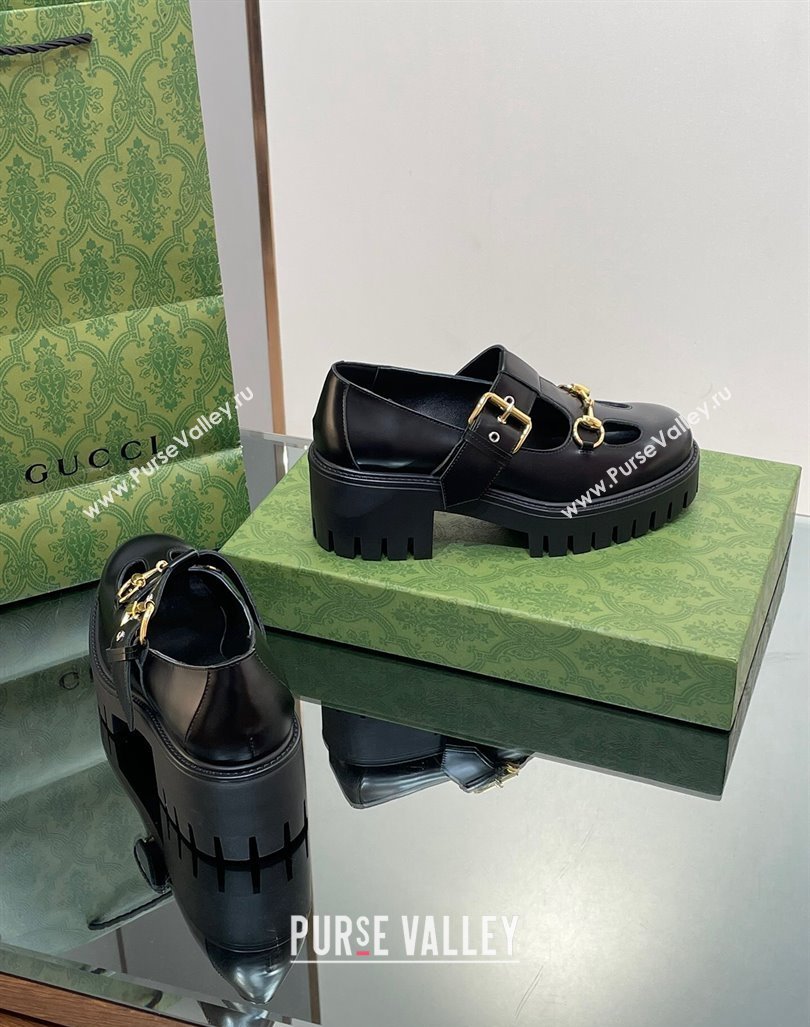 Gucci Horsebit Shiny Leather Platform Loafers with Buckle Black 2024 (SS-240814117)