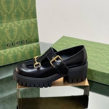 Gucci Horsebit Shiny Leather Platform Loafers with Buckle Black 2024 (SS-240814117)