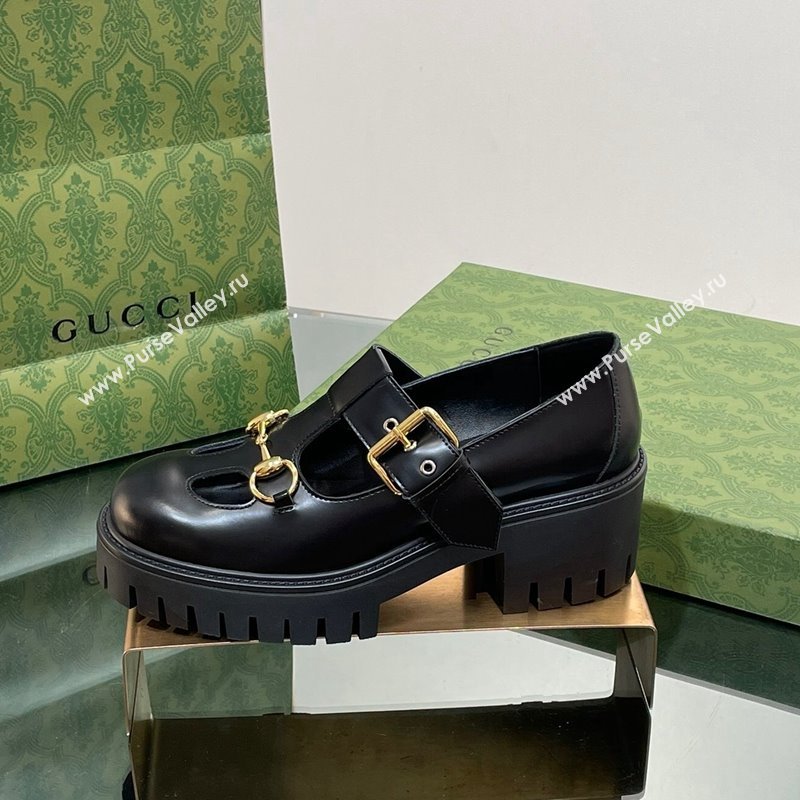 Gucci Horsebit Shiny Leather Platform Loafers with Buckle Black 2024 (SS-240814117)