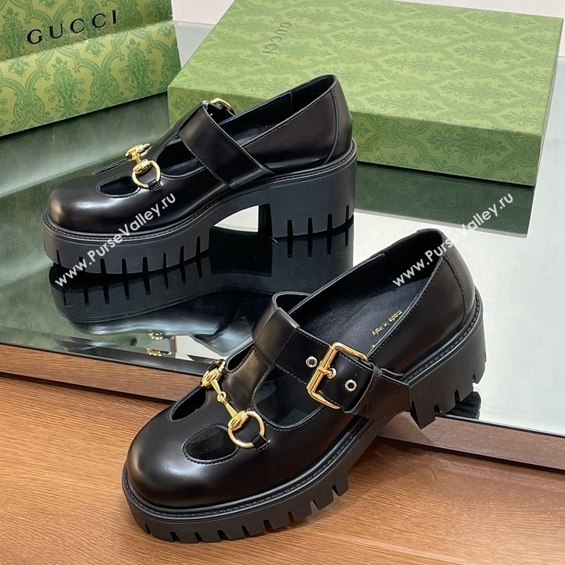 Gucci Horsebit Shiny Leather Platform Loafers with Buckle Black 2024 (SS-240814117)