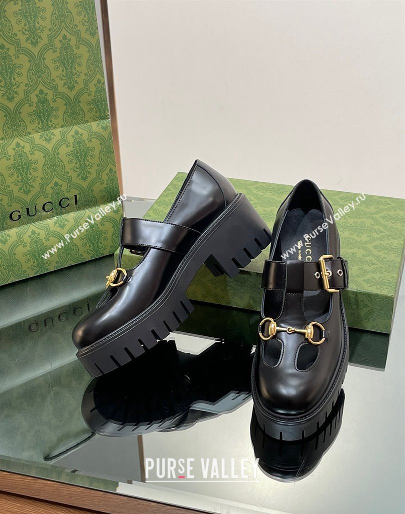 Gucci Horsebit Shiny Leather Platform Loafers with Buckle Black 2024 (SS-240814117)