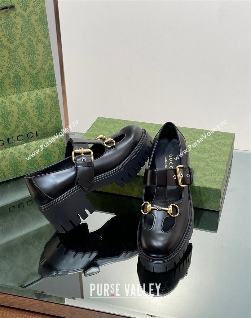 Gucci Horsebit Shiny Leather Platform Loafers with Buckle Black 2024 (SS-240814117)