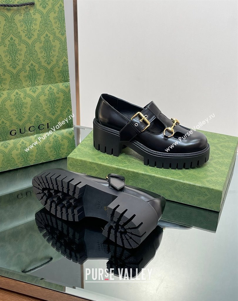 Gucci Horsebit Shiny Leather Platform Loafers with Buckle Black 2024 (SS-240814117)