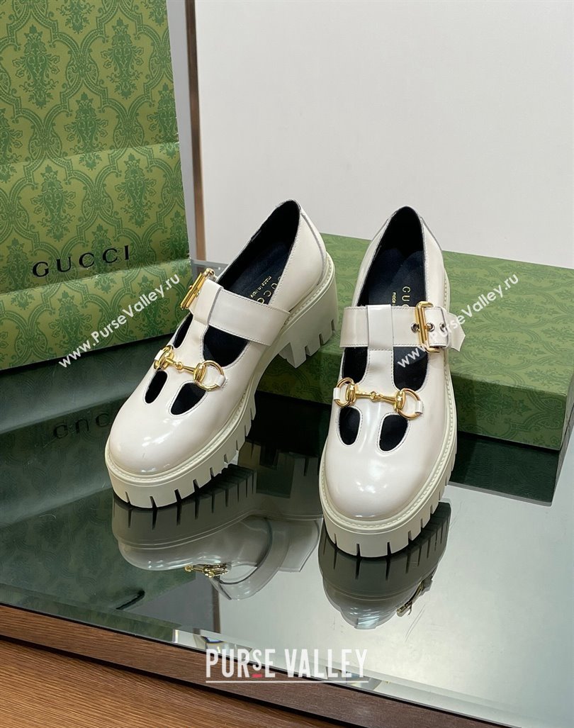 Gucci Horsebit Shiny Leather Platform Loafers with Buckle White 2024 (SS-240814118)