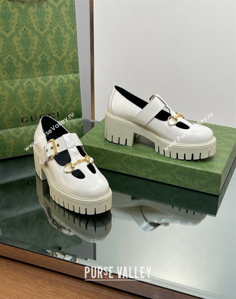 Gucci Horsebit Shiny Leather Platform Loafers with Buckle White 2024 (SS-240814118)