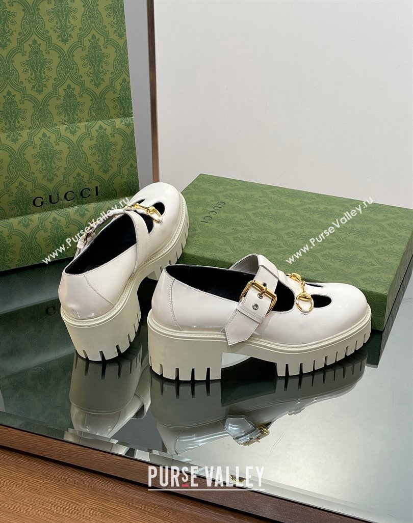 Gucci Horsebit Shiny Leather Platform Loafers with Buckle White 2024 (SS-240814118)