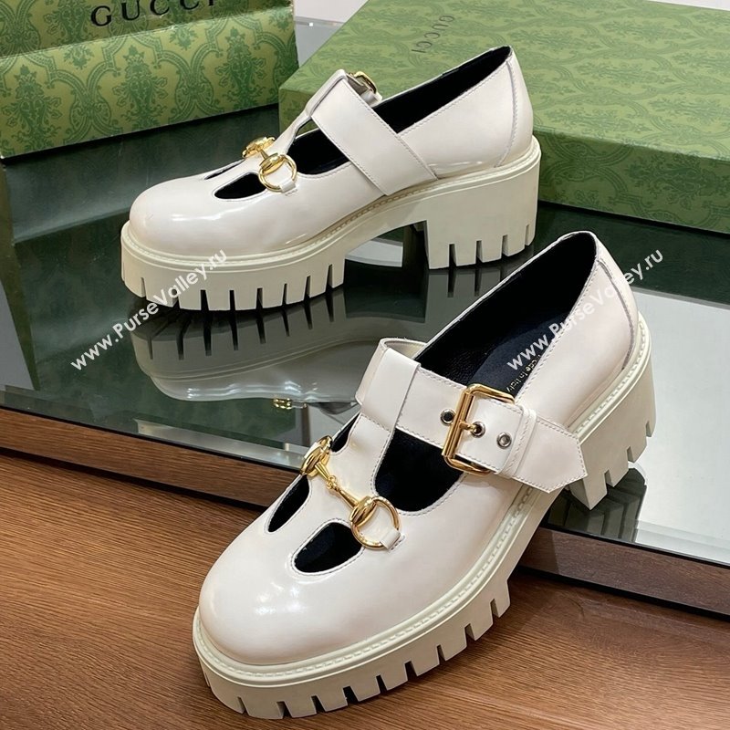 Gucci Horsebit Shiny Leather Platform Loafers with Buckle White 2024 (SS-240814118)