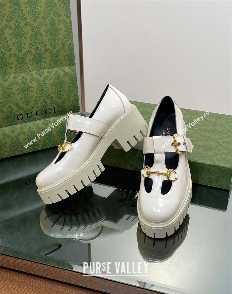 Gucci Horsebit Shiny Leather Platform Loafers with Buckle White 2024 (SS-240814118)