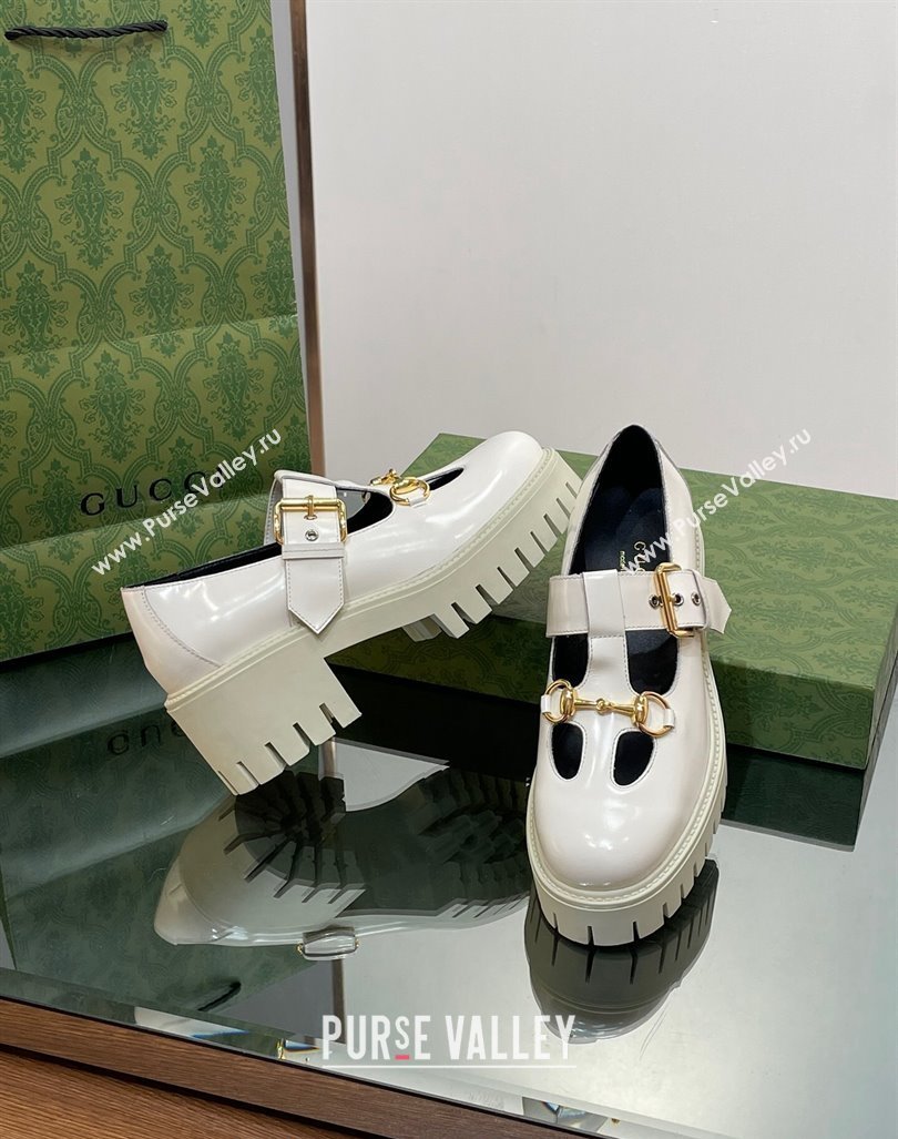 Gucci Horsebit Shiny Leather Platform Loafers with Buckle White 2024 (SS-240814118)