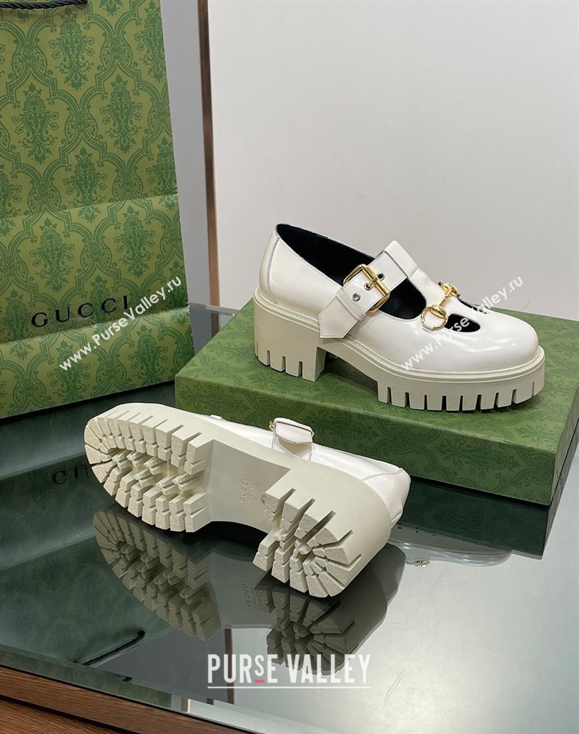 Gucci Horsebit Shiny Leather Platform Loafers with Buckle White 2024 (SS-240814118)