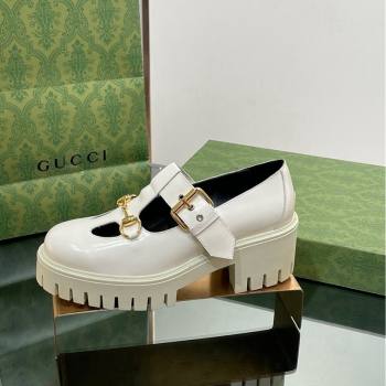 Gucci Horsebit Shiny Leather Platform Loafers with Buckle White 2024 (SS-240814118)