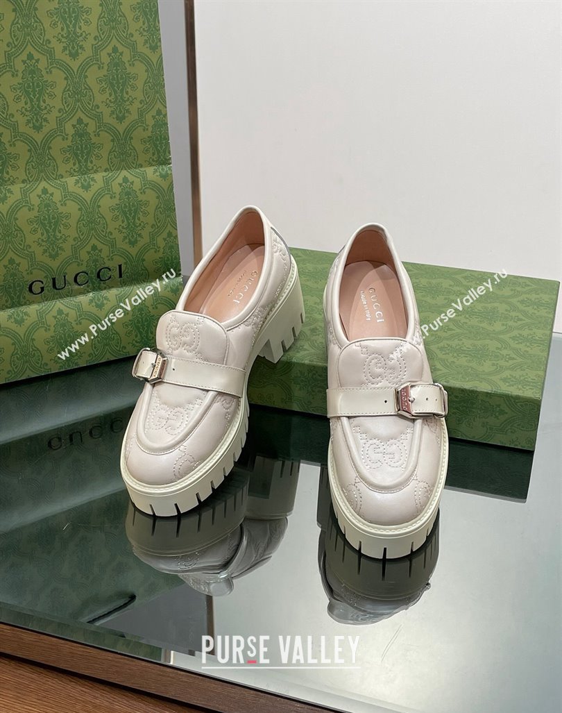 Gucci GG Leather Platform Loafers with Buckle White 2024 0814 (SS-240814119)