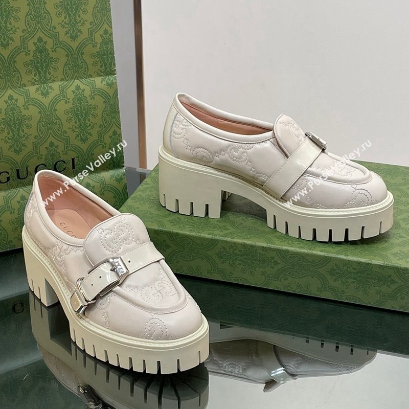 Gucci GG Leather Platform Loafers with Buckle White 2024 0814 (SS-240814119)