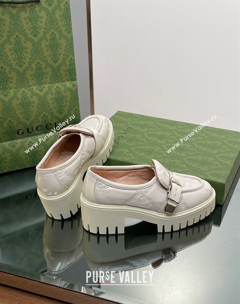 Gucci GG Leather Platform Loafers with Buckle White 2024 0814 (SS-240814119)