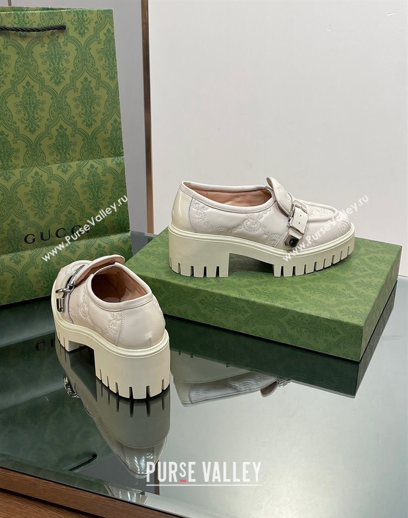 Gucci GG Leather Platform Loafers with Buckle White 2024 0814 (SS-240814119)