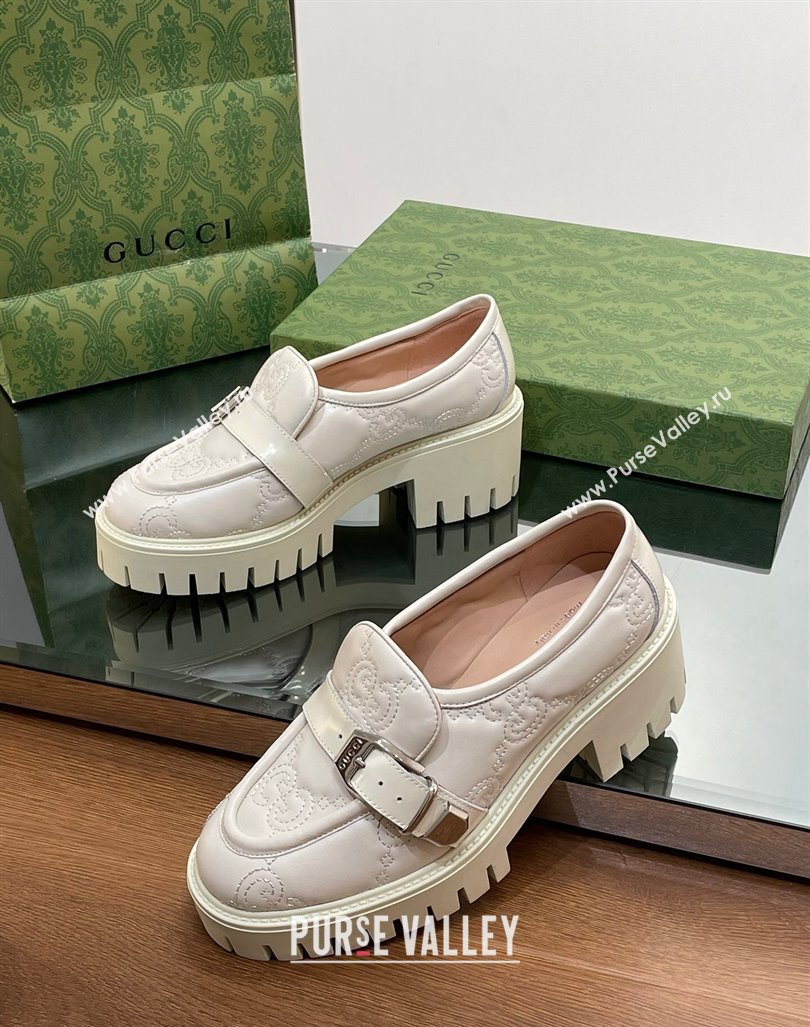 Gucci GG Leather Platform Loafers with Buckle White 2024 0814 (SS-240814119)