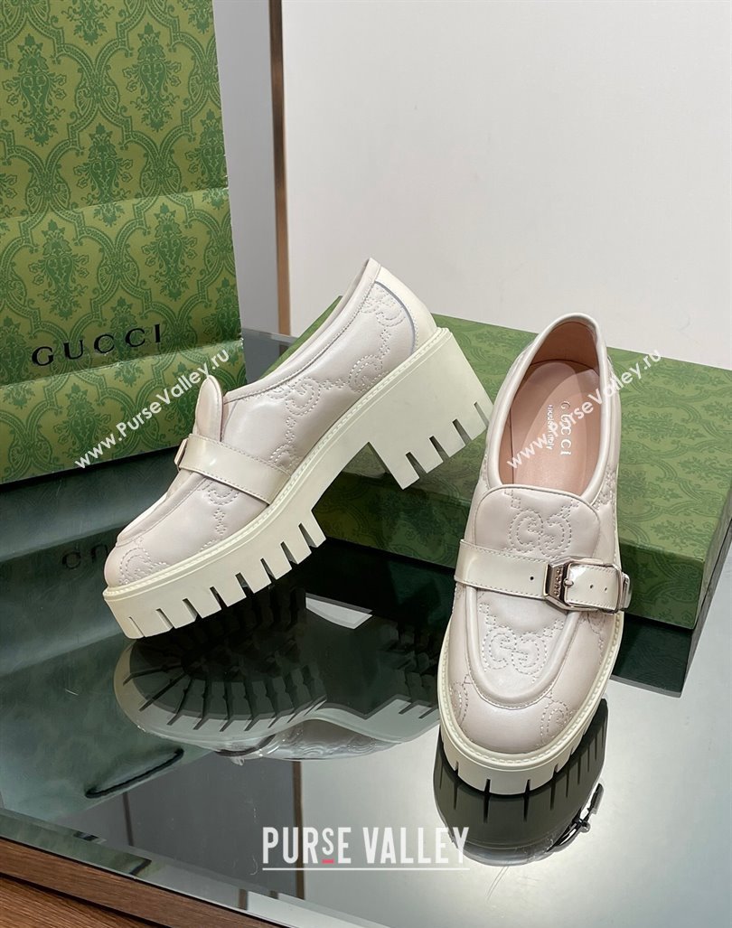 Gucci GG Leather Platform Loafers with Buckle White 2024 0814 (SS-240814119)