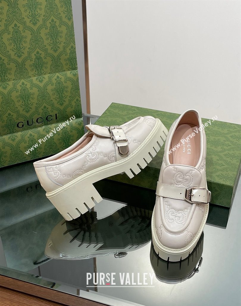 Gucci GG Leather Platform Loafers with Buckle White 2024 0814 (SS-240814119)