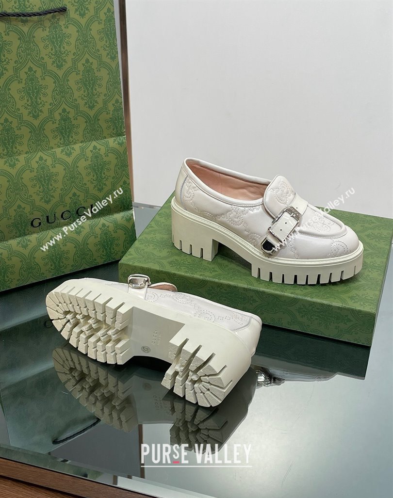 Gucci GG Leather Platform Loafers with Buckle White 2024 0814 (SS-240814119)