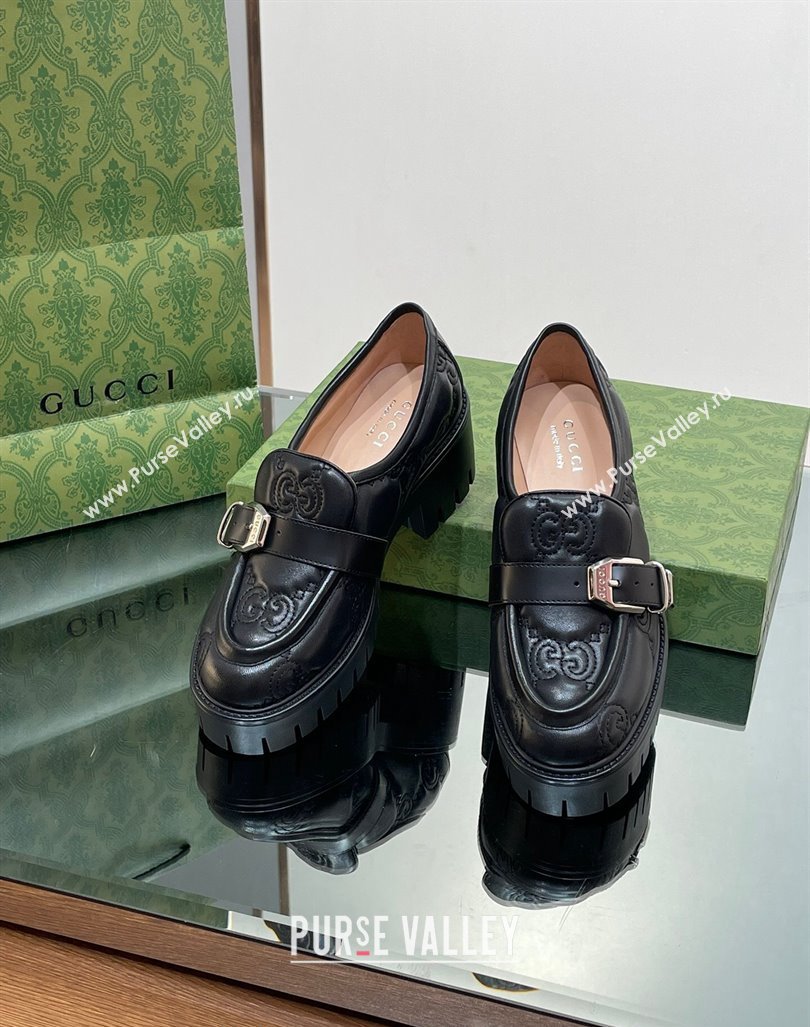 Gucci GG Leather Platform Loafers with Buckle Black 2024 0814 (SS-240814120)