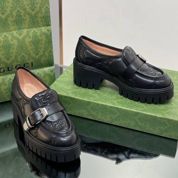 Gucci GG Leather Platform Loafers with Buckle Black 2024 0814 (SS-240814120)