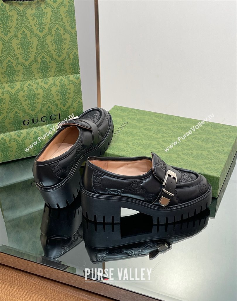 Gucci GG Leather Platform Loafers with Buckle Black 2024 0814 (SS-240814120)