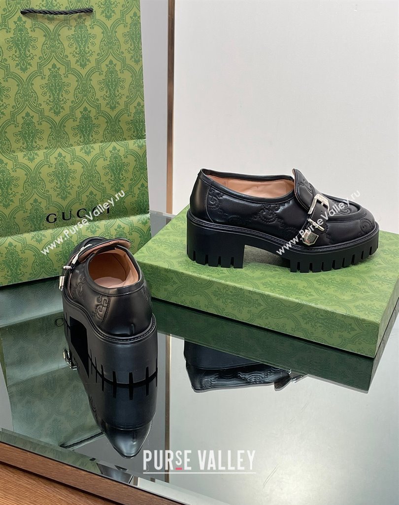 Gucci GG Leather Platform Loafers with Buckle Black 2024 0814 (SS-240814120)