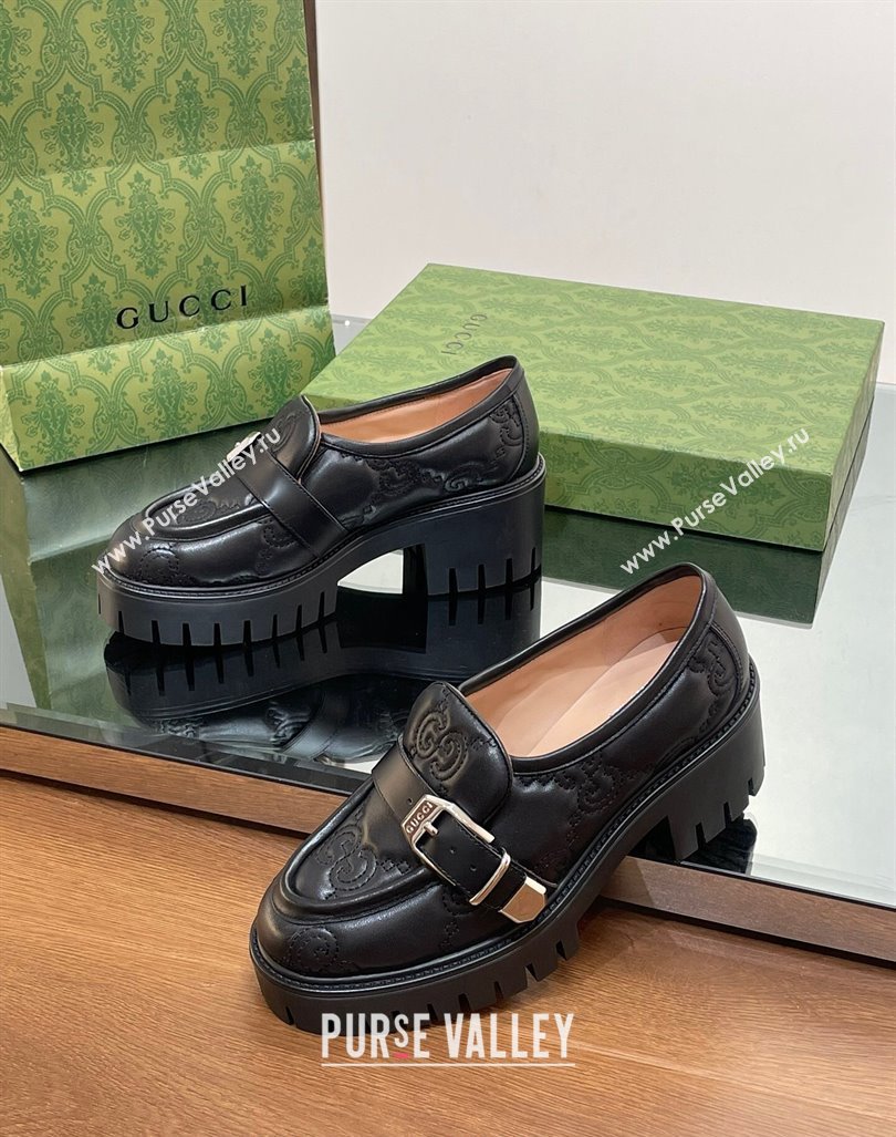 Gucci GG Leather Platform Loafers with Buckle Black 2024 0814 (SS-240814120)