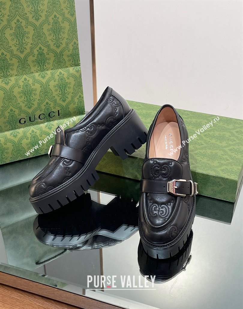 Gucci GG Leather Platform Loafers with Buckle Black 2024 0814 (SS-240814120)