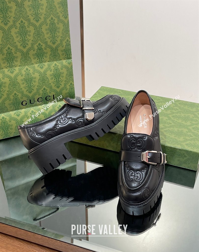 Gucci GG Leather Platform Loafers with Buckle Black 2024 0814 (SS-240814120)