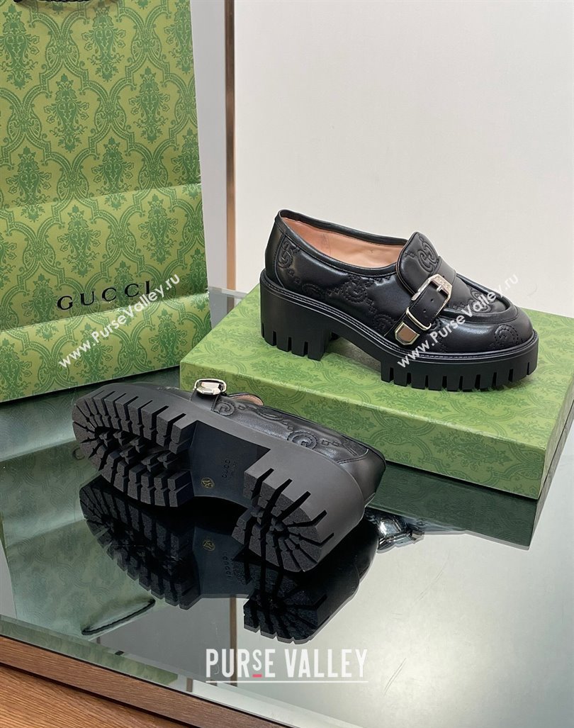 Gucci GG Leather Platform Loafers with Buckle Black 2024 0814 (SS-240814120)