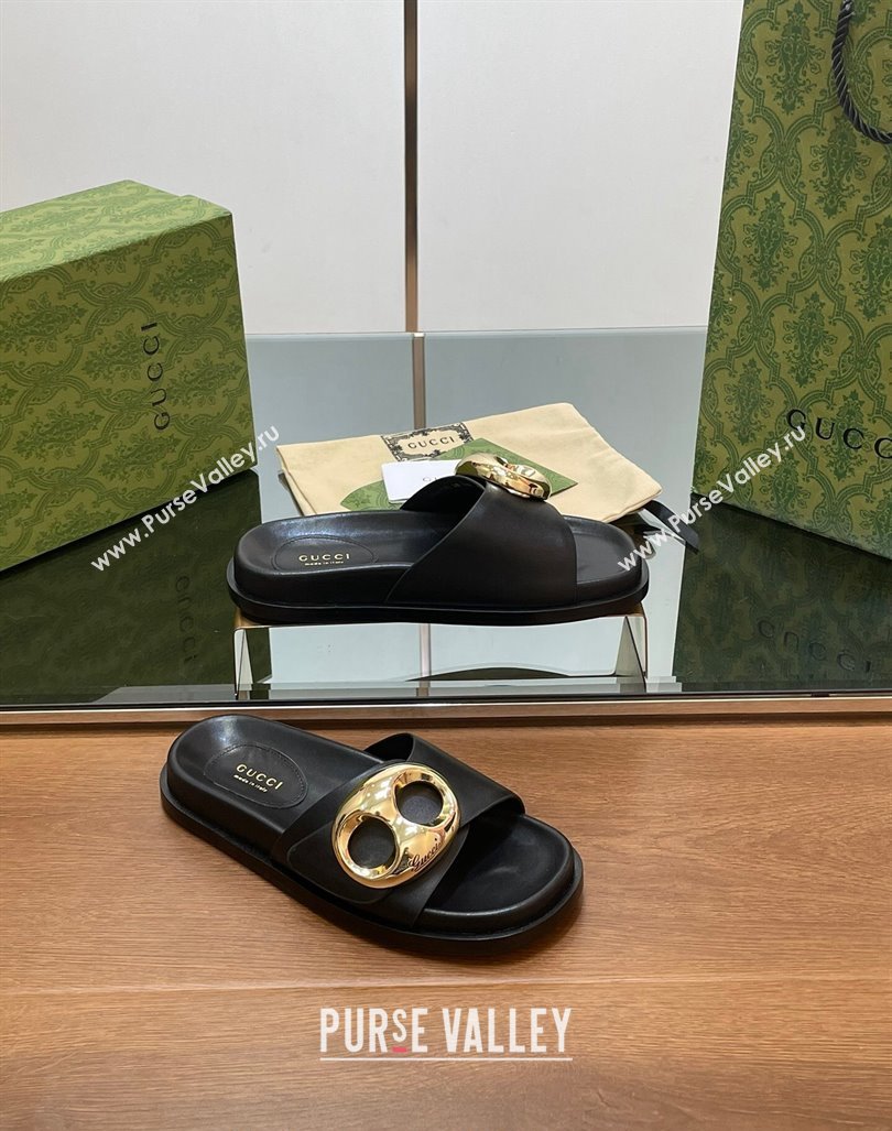 Gucci Marina Chain Leather Flat Slides Sandal Black 2024 0814 (SS-240814121)