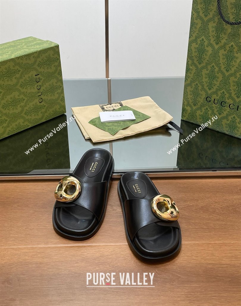 Gucci Marina Chain Leather Flat Slides Sandal Black 2024 0814 (SS-240814121)