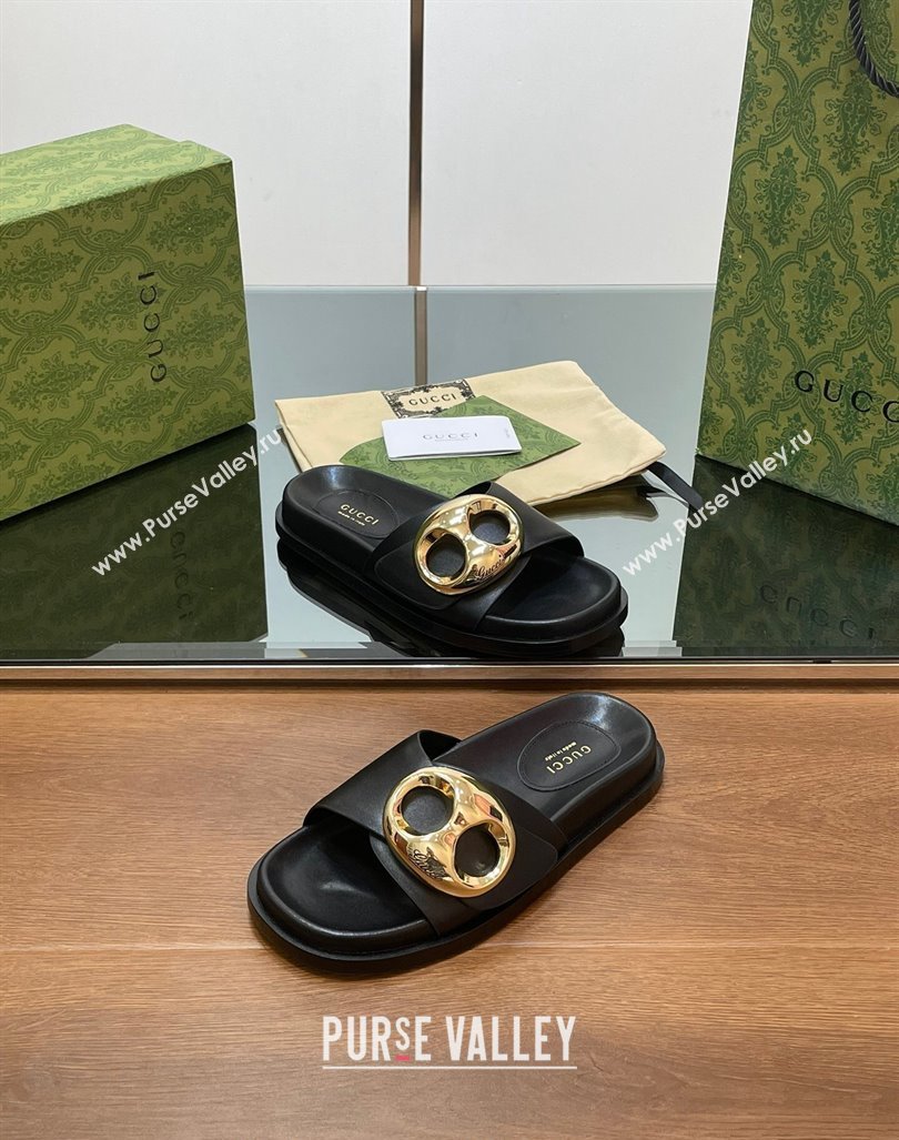 Gucci Marina Chain Leather Flat Slides Sandal Black 2024 0814 (SS-240814121)