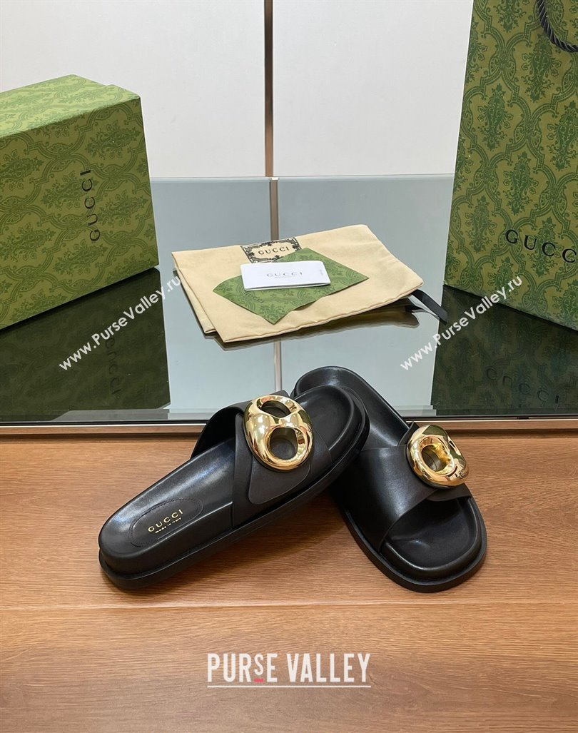 Gucci Marina Chain Leather Flat Slides Sandal Black 2024 0814 (SS-240814121)