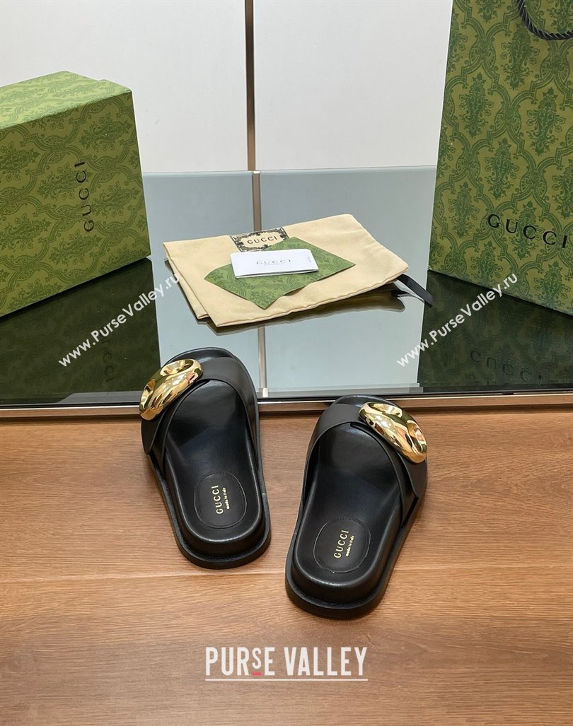 Gucci Marina Chain Leather Flat Slides Sandal Black 2024 0814 (SS-240814121)