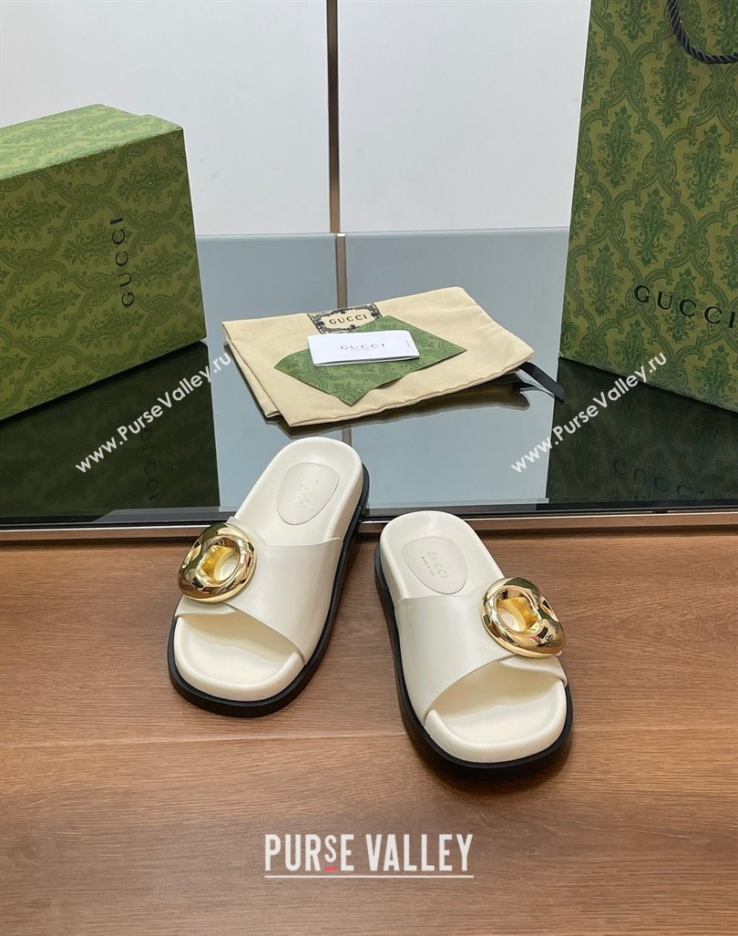 Gucci Marina Chain Leather Flat Slides Sandal White 2024 0814 (SS-240814122)