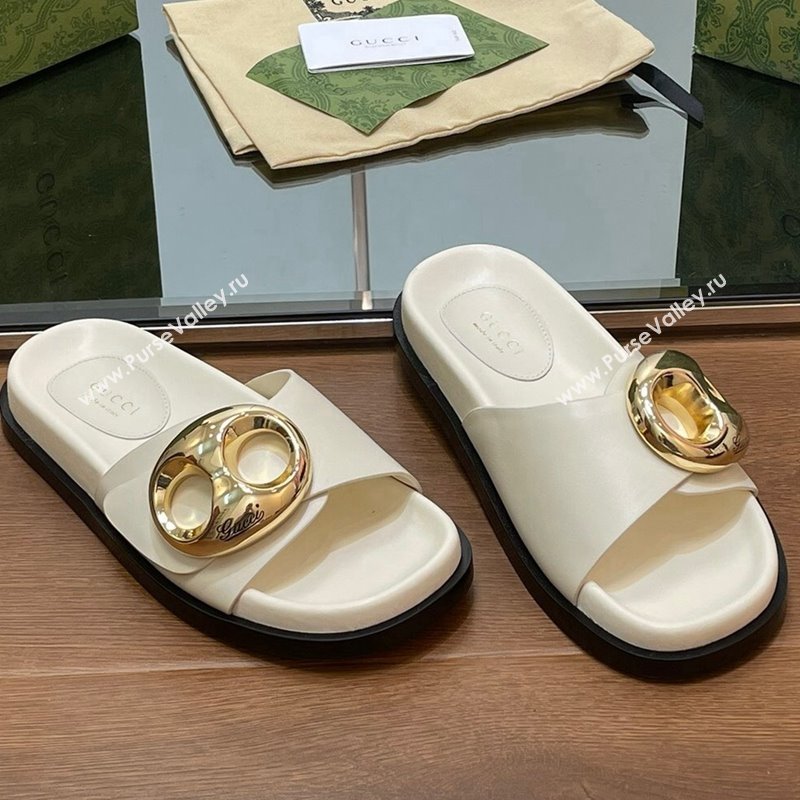 Gucci Marina Chain Leather Flat Slides Sandal White 2024 0814 (SS-240814122)