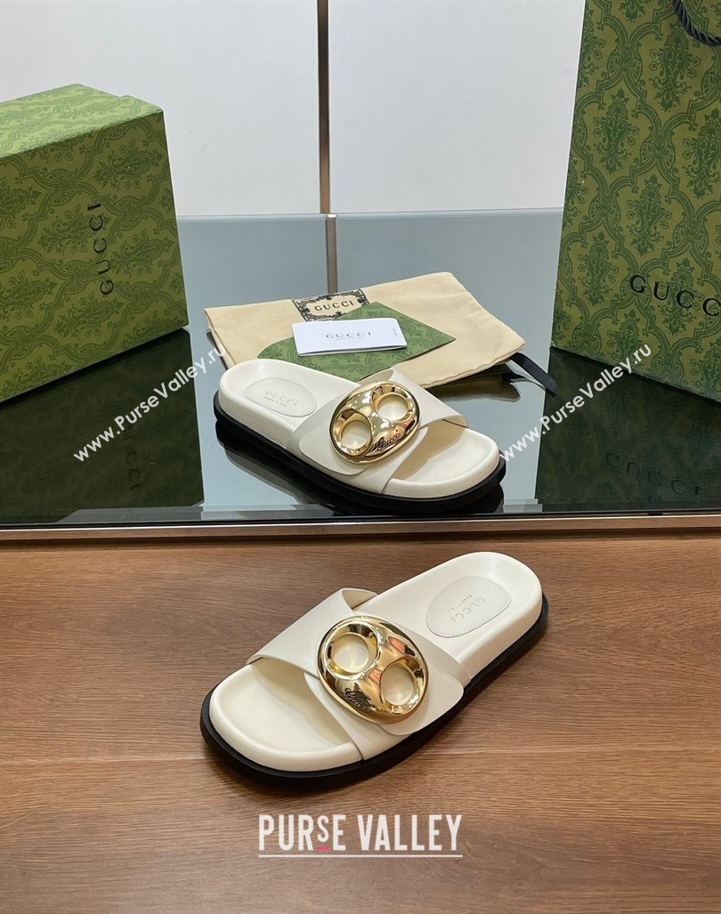 Gucci Marina Chain Leather Flat Slides Sandal White 2024 0814 (SS-240814122)