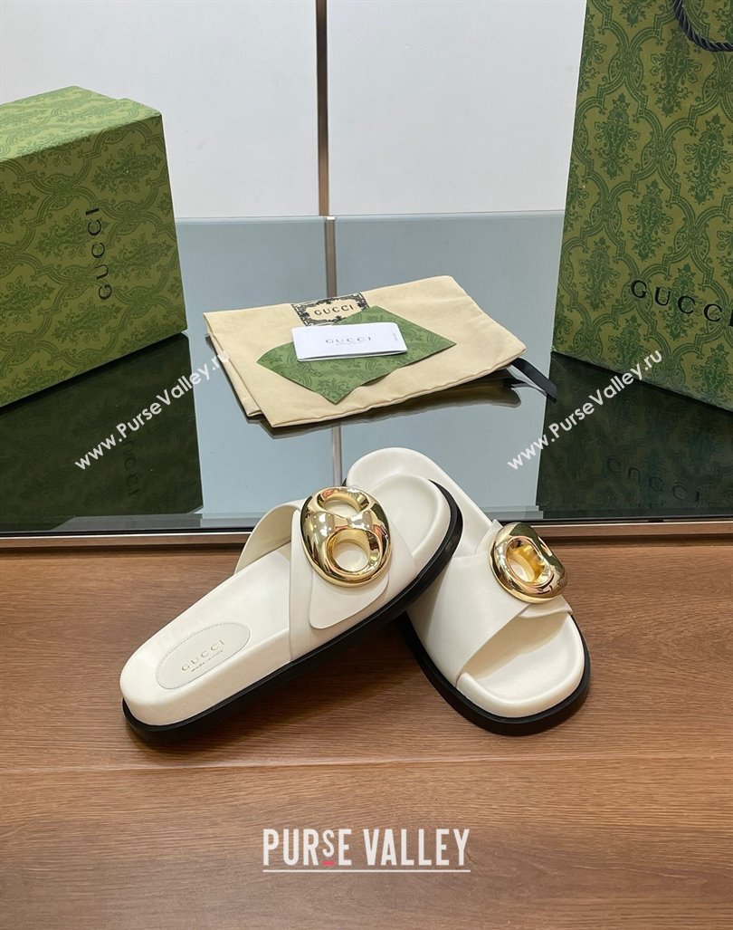 Gucci Marina Chain Leather Flat Slides Sandal White 2024 0814 (SS-240814122)