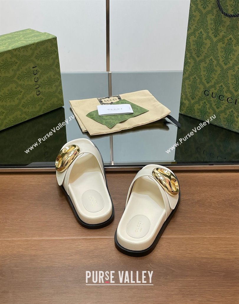 Gucci Marina Chain Leather Flat Slides Sandal White 2024 0814 (SS-240814122)