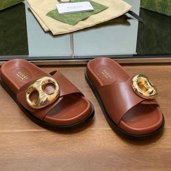 Gucci Marina Chain Leather Flat Slides Sandal Brown 2024 0814 (SS-240814123)