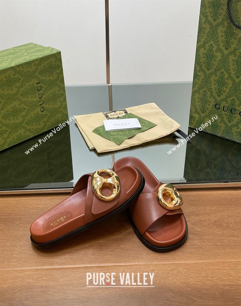 Gucci Marina Chain Leather Flat Slides Sandal Brown 2024 0814 (SS-240814123)