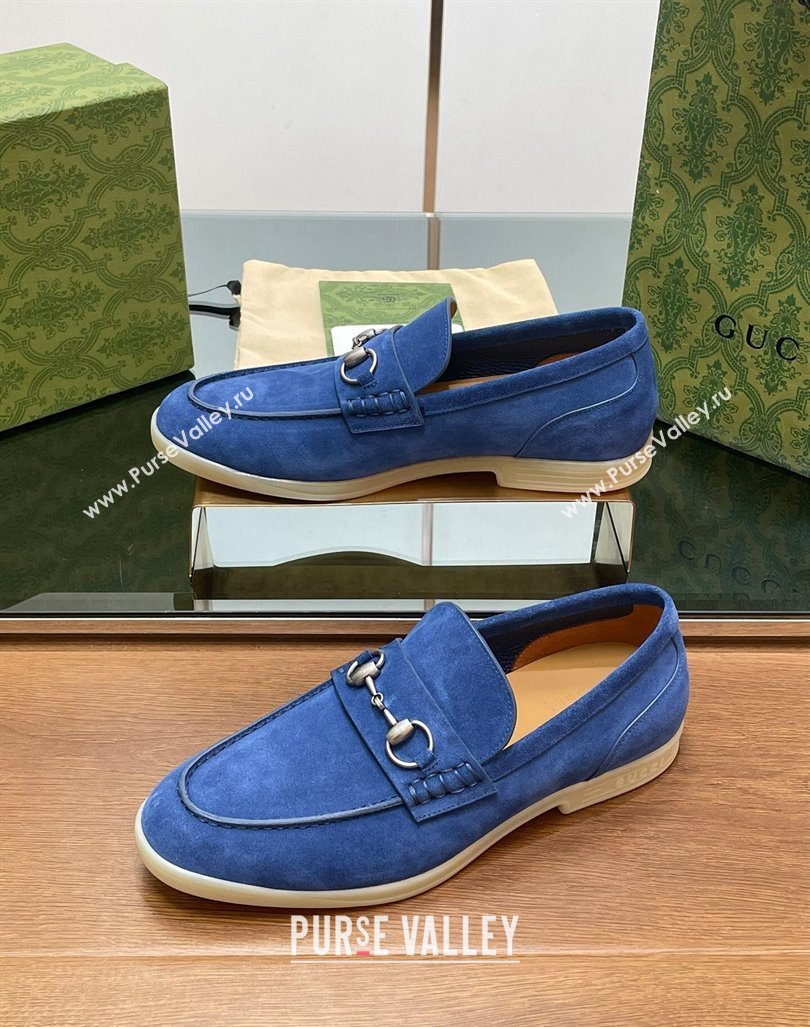 Gucci Mens Horsebit Suede Loafers Blue 2024 0814 (SS-240814125)