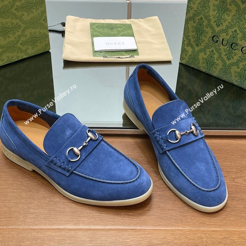 Gucci Mens Horsebit Suede Loafers Blue 2024 0814 (SS-240814125)