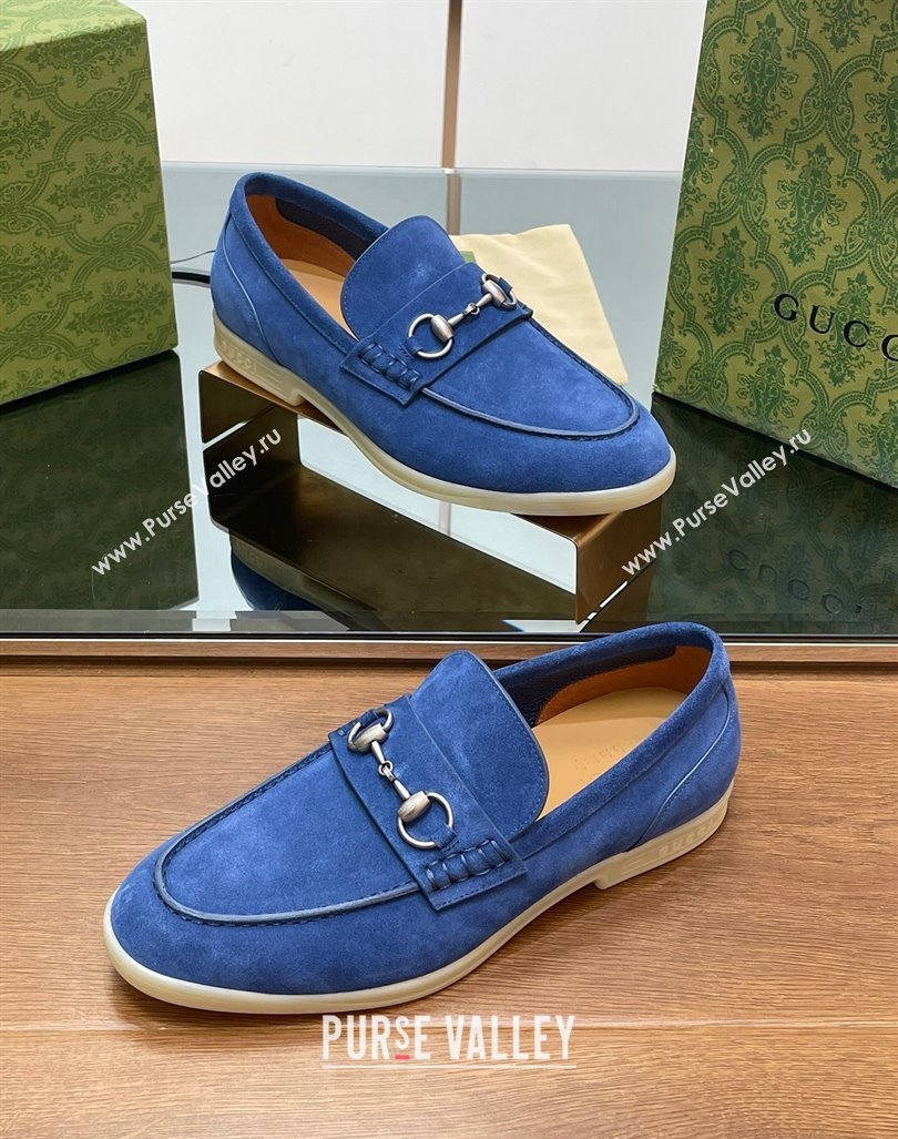 Gucci Mens Horsebit Suede Loafers Blue 2024 0814 (SS-240814125)