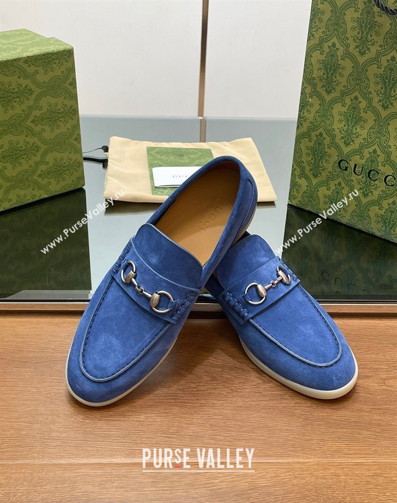 Gucci Mens Horsebit Suede Loafers Blue 2024 0814 (SS-240814125)