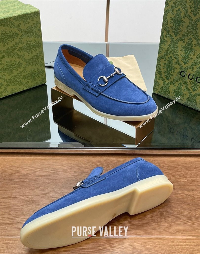 Gucci Mens Horsebit Suede Loafers Blue 2024 0814 (SS-240814125)